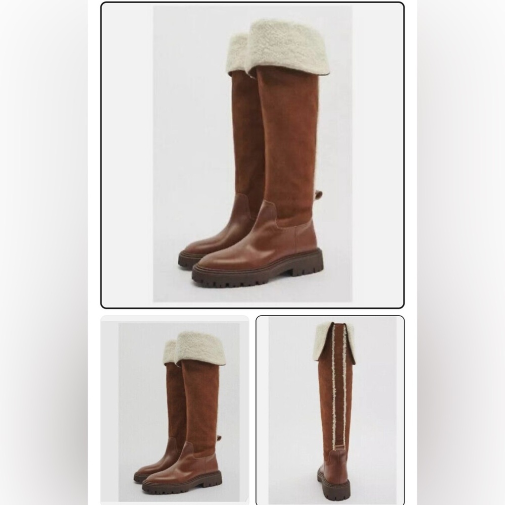 ZARA Over The Knee Leather Boots with Fleece Sherpa Trim- Size EU 39 US 8 - Picture 9 of 9